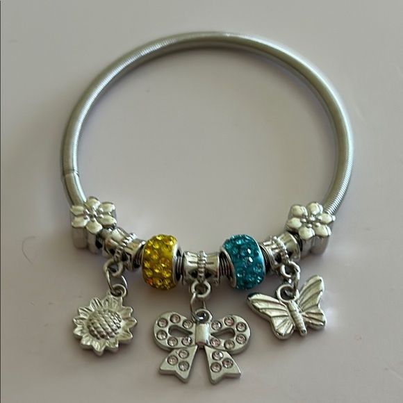 Silver Charm Bracelet with Yellow & Blue, Sunflower, Butterfly, Bow Accents NEW - Picture 6 of 7